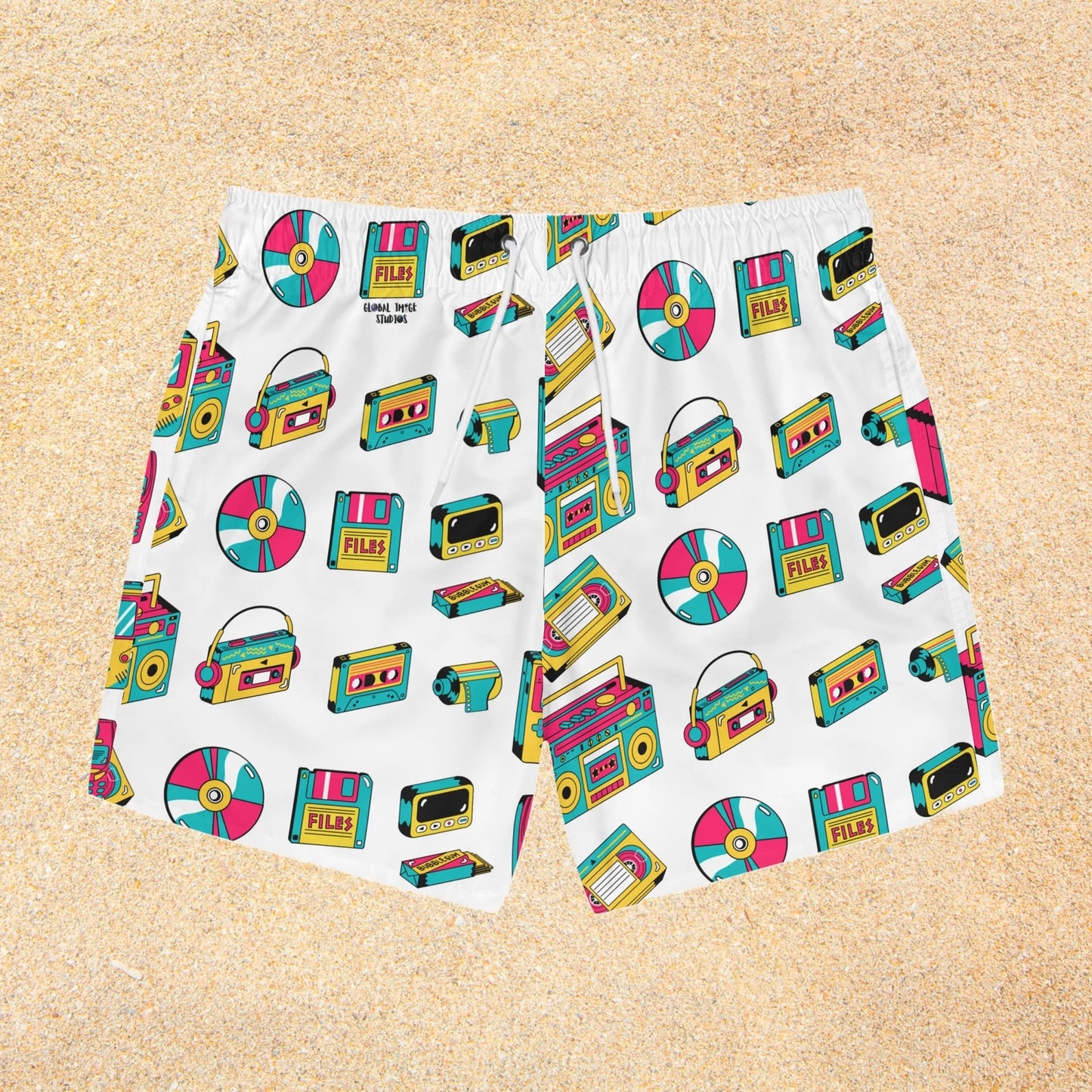 Swim Trunks, Men's Swimwear, 80's & 90's Gadgets Print, Vintage Vibe Swim trunks, Art