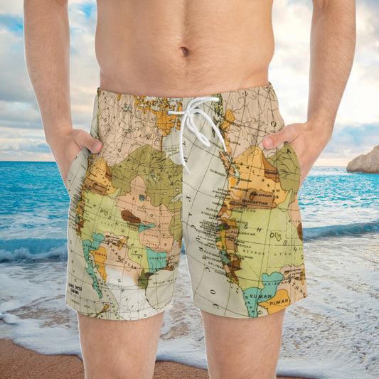 Swim Trunks, Old School World Map Print, "Mapa Mudi" Art Print Swimwear, Brown/Beige World Map Swim Trunks.