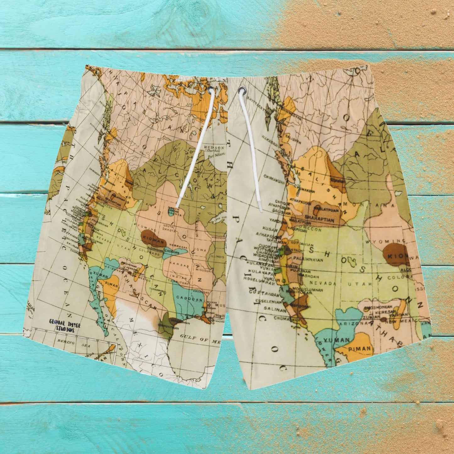 Swim Trunks, Old School World Map Print, "Mapa Mudi" Art Print Swimwear, Brown/Beige World Map Swim Trunks.