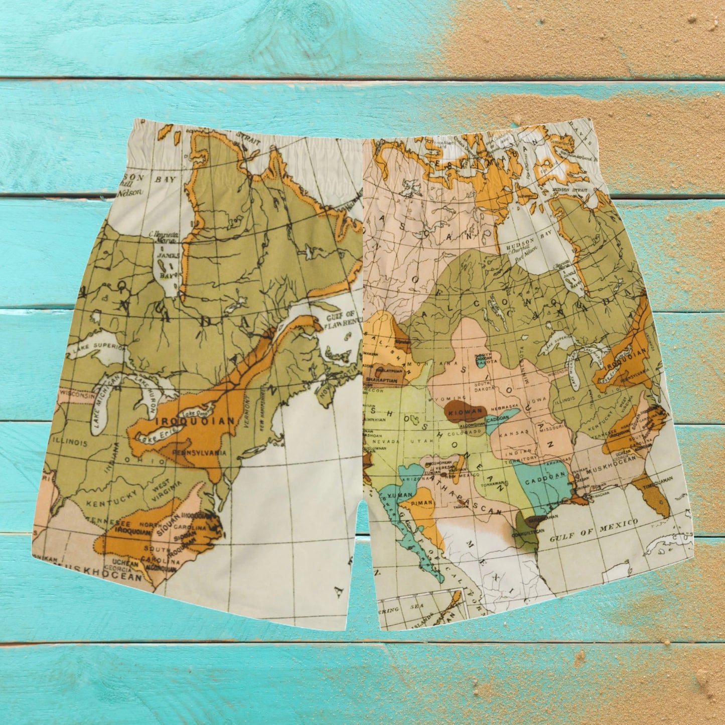 Swim Trunks, Old School World Map Print, "Mapa Mudi" Art Print Swimwear, Brown/Beige World Map Swim Trunks.