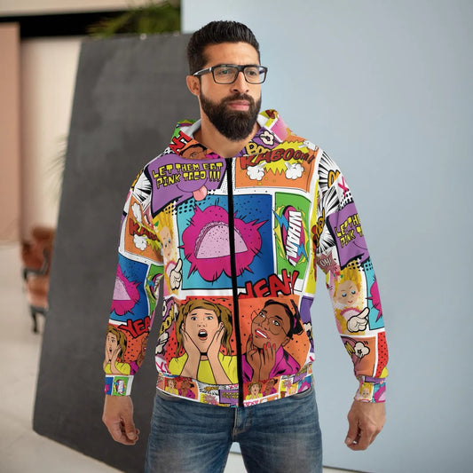 Pop Art Unisex Zip Hoodie, Funny Graphic Sweatshirt, Let Them Eat Pink Taco, Gift for Taco Lovers, Statement Apparel, Colorful Art Jacket