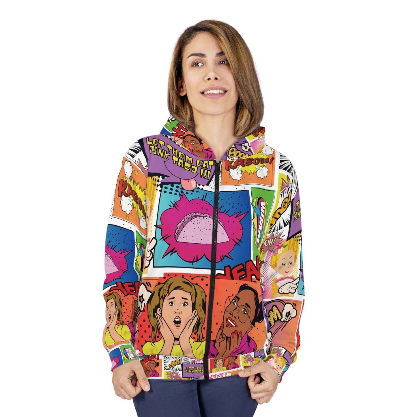 Pop Art Unisex Zip Hoodie, Funny Graphic Sweatshirt, Let Them Eat Pink Taco, Gift for Taco Lovers, Statement Apparel, Colorful Art Jacket