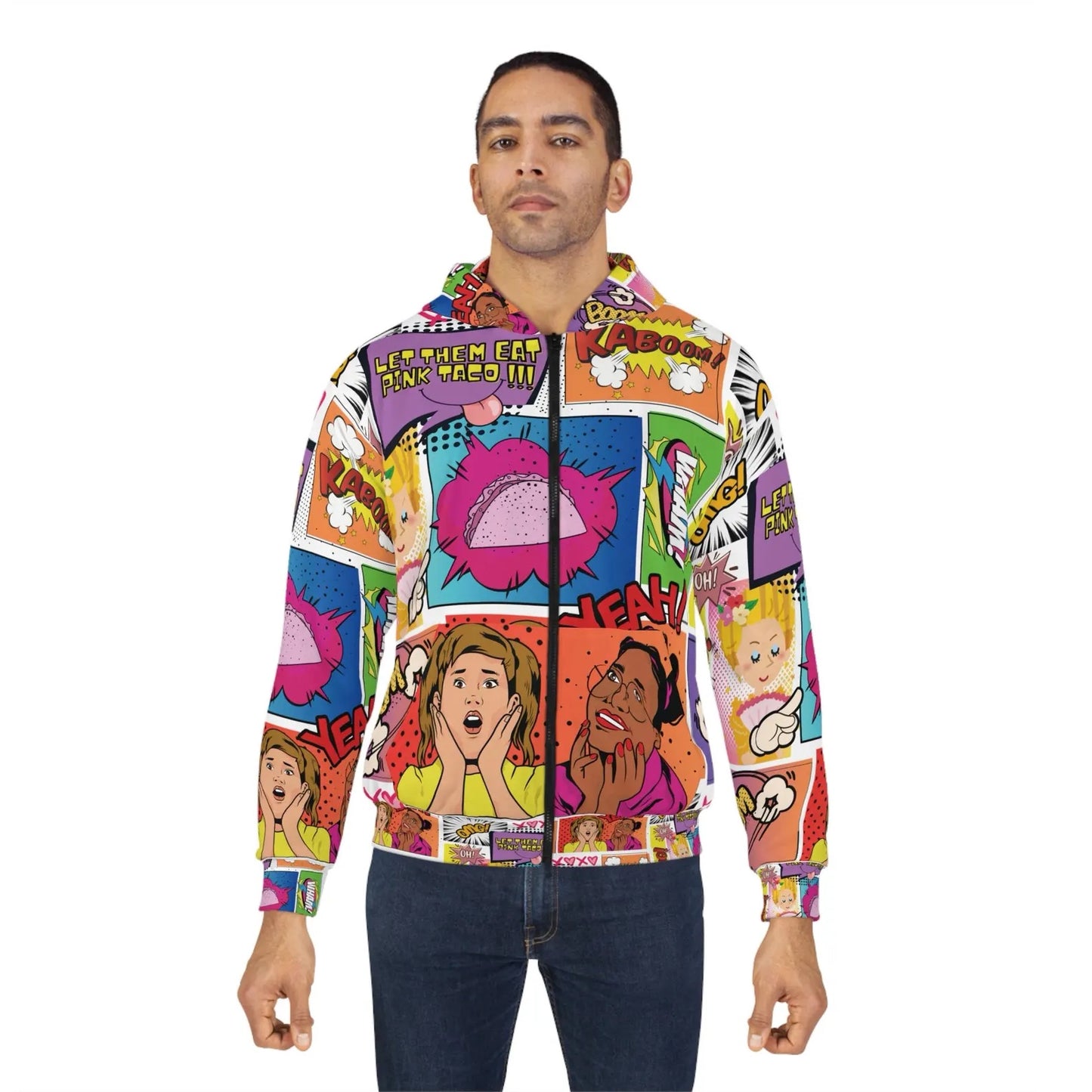 Pop Art Unisex Zip Hoodie, Funny Graphic Sweatshirt, Let Them Eat Pink Taco, Gift for Taco Lovers, Statement Apparel, Colorful Art Jacket