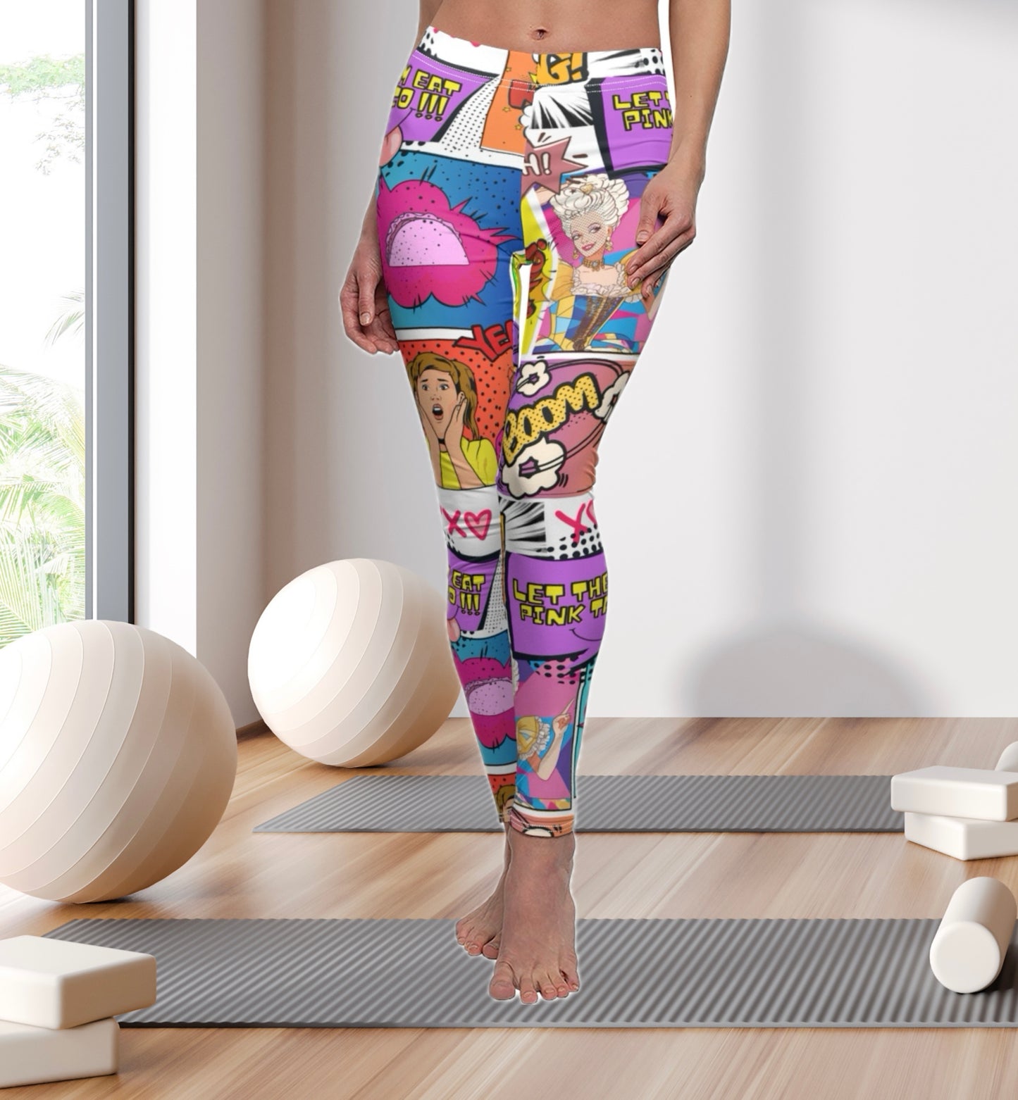 Leggings, Pop Art Funny Quote Let Them Eat Pink Taco Print, Women's Graphic Printed Stretchy Pants, Casual Lounge Apparel, Colorful Tights,